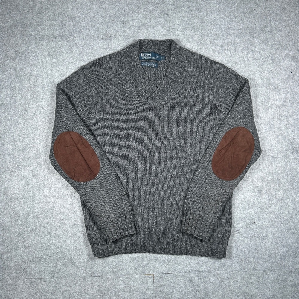 Polo Ralph Lauren pullover Sweater Men Large grey Elbow Patch V-Neck Hemp Blend